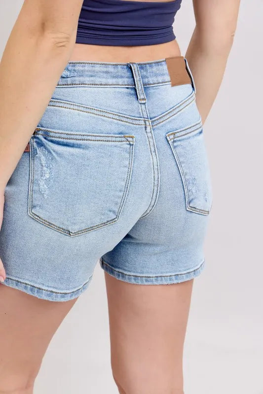Judy Blue Full Size Mid Rise Washed Denim Shorts Plus Size OutfitFlow