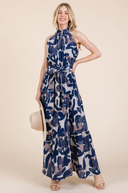 Lime 'N' Chili Abstract Halter Neck Tie-Waist Tiered Maxi Dress OutfitFlow