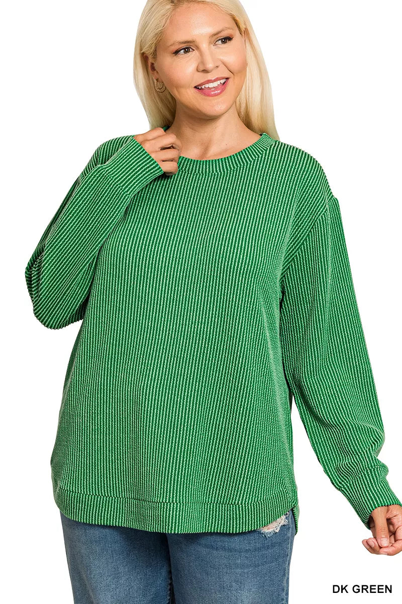 Zenana Full Size Raised Rib Round Neck Long Sleeve Top Plus Size OutfitFlow