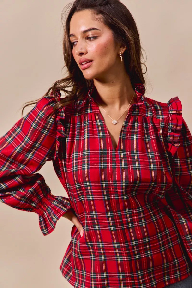 SO ME Christmas Checkered Plaid Smocked Blouse OutfitFlow