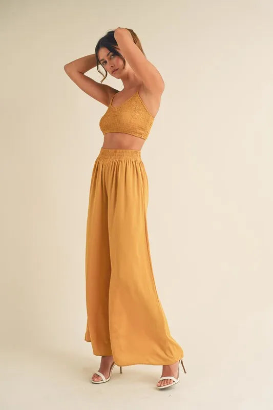 MABLE Smocked Bralette Crop Top and Wide Leg Pants Set OutfitFlow