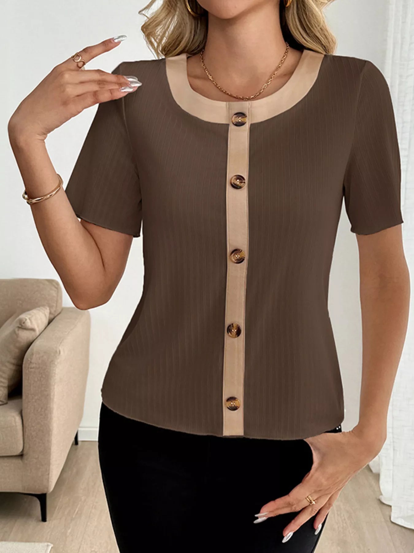 Decor Button Round Neck Short Sleeve Blouse Coffee Brown OutfitFlow