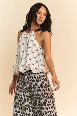 Davi & Dani Ribbon Checker Printed Tie Halter Neck Blouse Top OutfitFlow