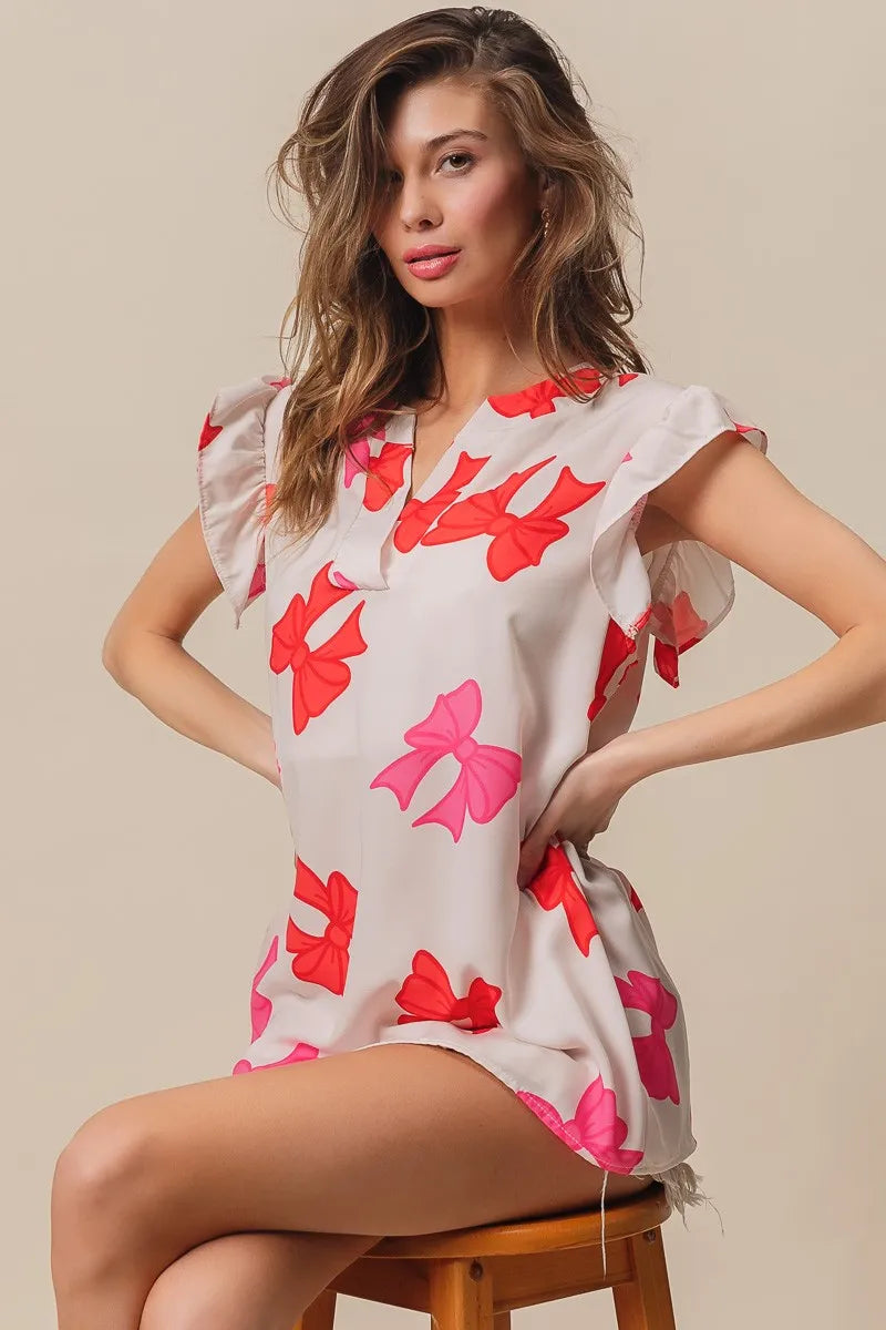 BiBi Bow Printed Woven Ruffled Sleeves V Neck Top OutfitFlow