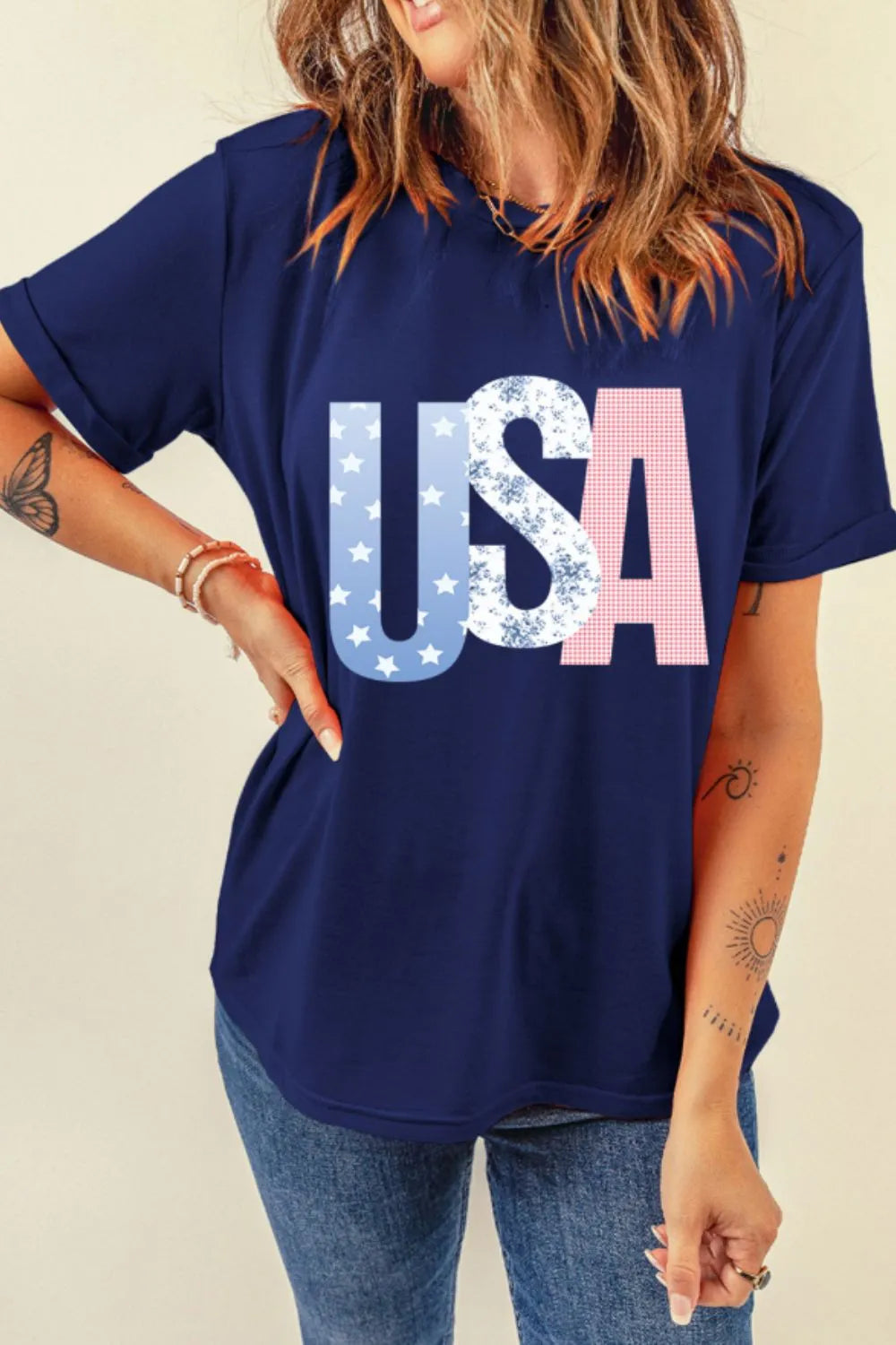 USA Letter Round Neck T-Shirt OutfitFlow