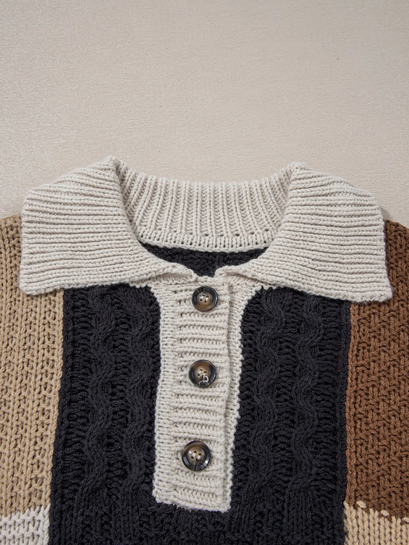 Multicolour Color Block Cable Knit Sleeve Buttons Collared Sweater OutfitFlow