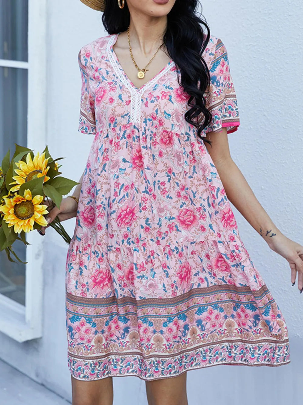 Floral Print V-Neck Summer Dress Blush Pink OutfitFlow