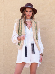 Fuzzy Trim Open Front Vest Coat