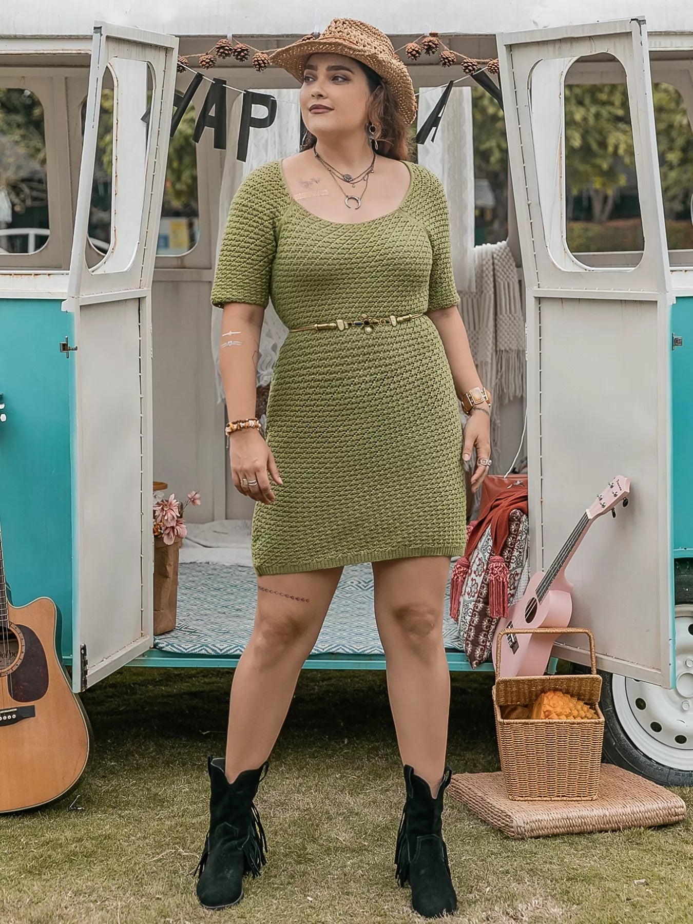 Plus Size Textured Knit Mini Dress OutfitFlow