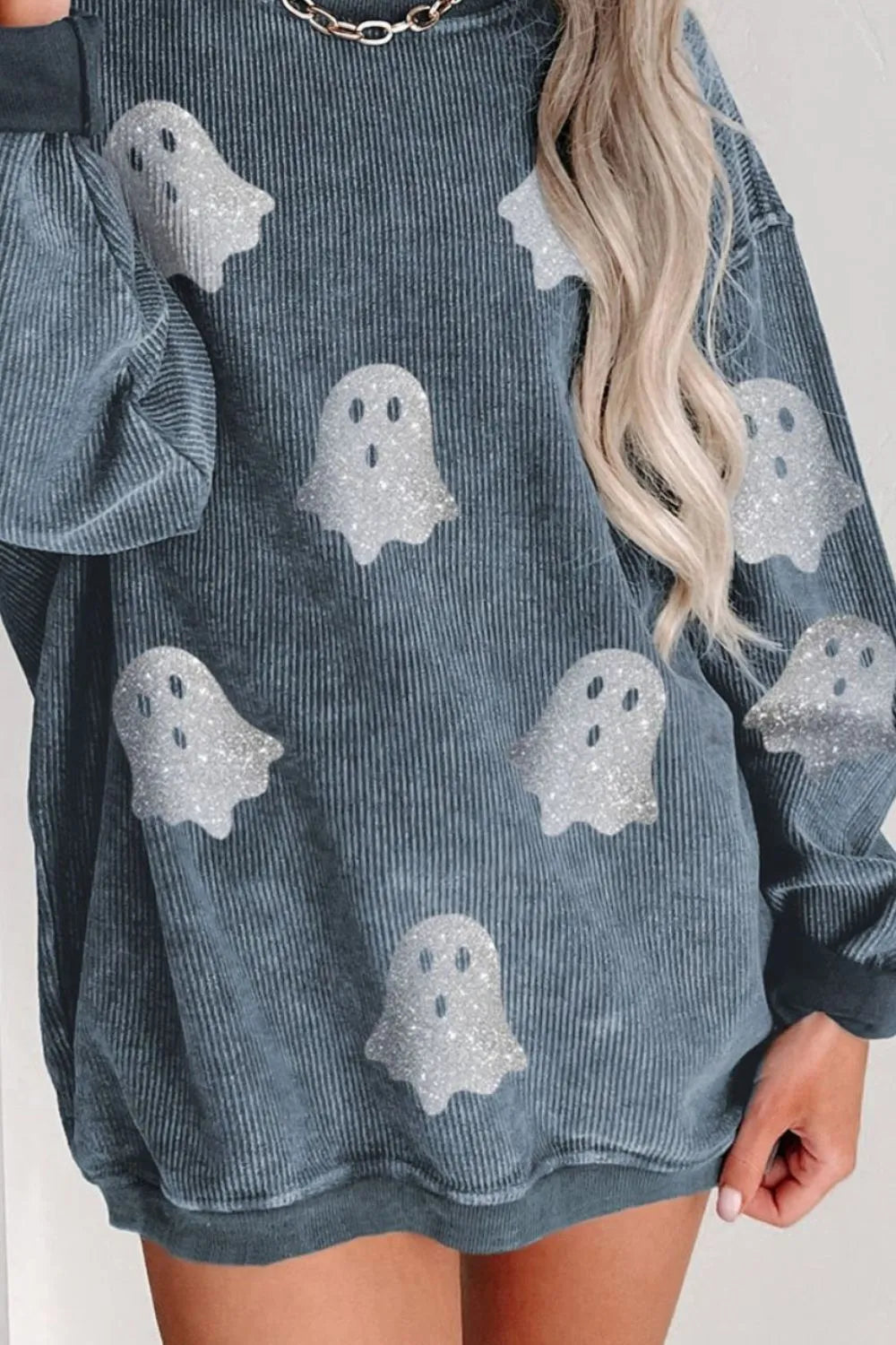 Glitter Ghost Round Neck Long Sleeve Sweatshirt OutfitFlow