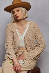 POL Button Down V-Neck Crochet Cardigan Camel One Size OutfitFlow