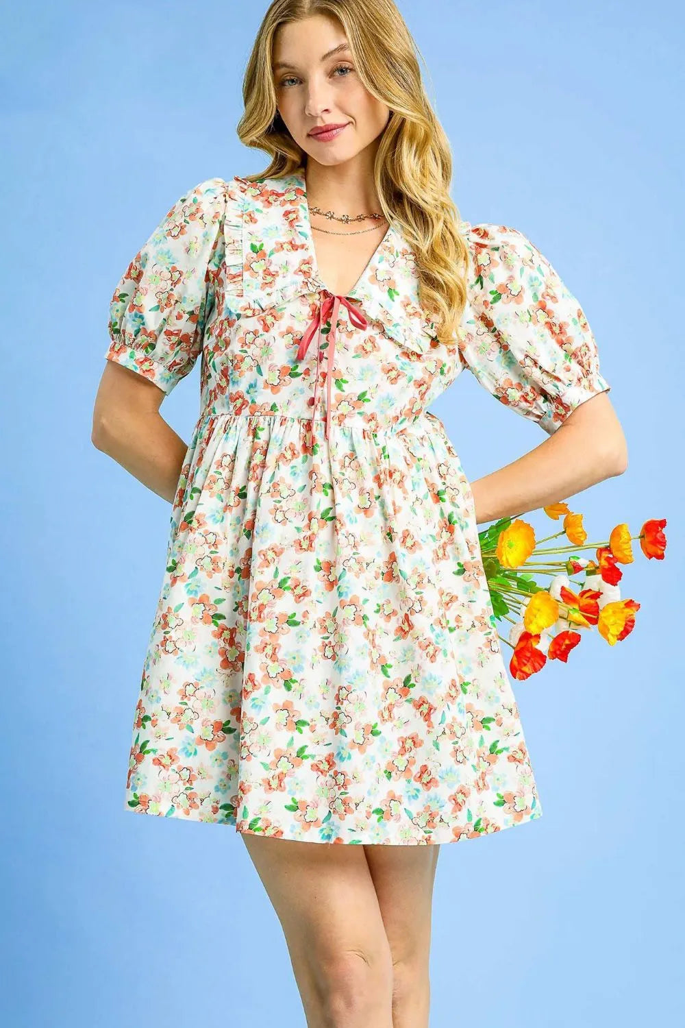 Umgee Floral Print Puff Sleeve Tie Front Mini Dress Orange OutfitFlow