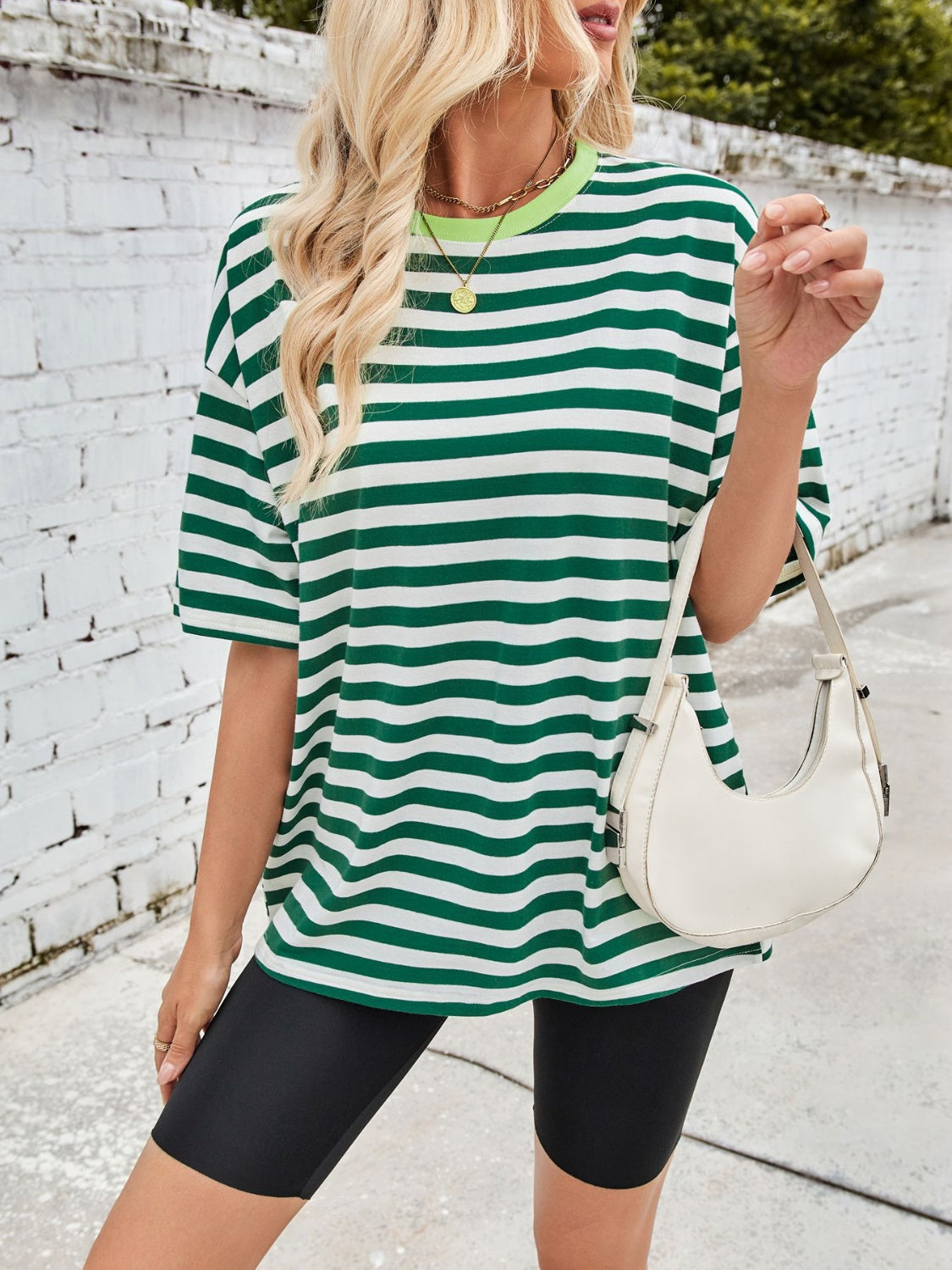 Outfit Flow - Lovelet Striped Round Neck Half Sleeve T-Shirt