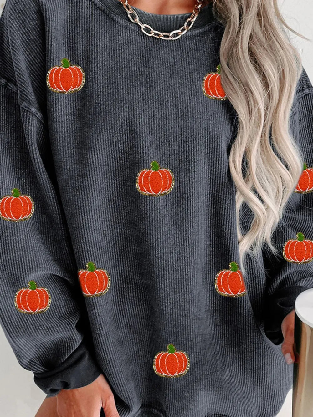Pumpkin Round Neck Long Sleeve Sweatshirt OutfitFlow