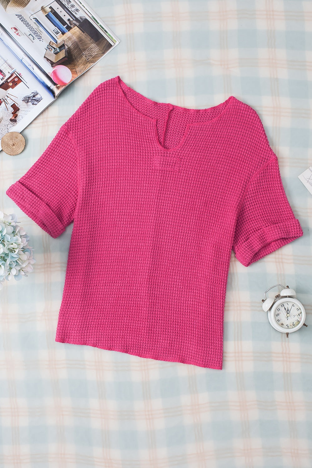 Textured Cuffed Short Sleeve Top OutfitFlow