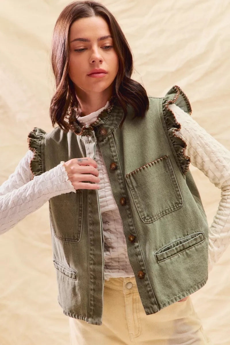 SO ME Washed Denim Stitch Ruffled Hidden Button Vest Top OutfitFlow