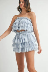 MABLE Ruffle Layered Crop Top and Mini Skirt Set OutfitFlow