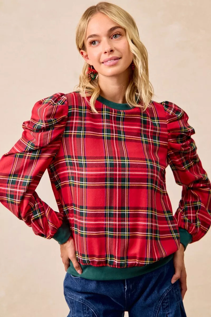 BiBi Christmas Plaid Exaggerated Shoulder Sleeves Top OutfitFlow