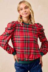 BiBi Christmas Plaid Exaggerated Shoulder Sleeves Top OutfitFlow