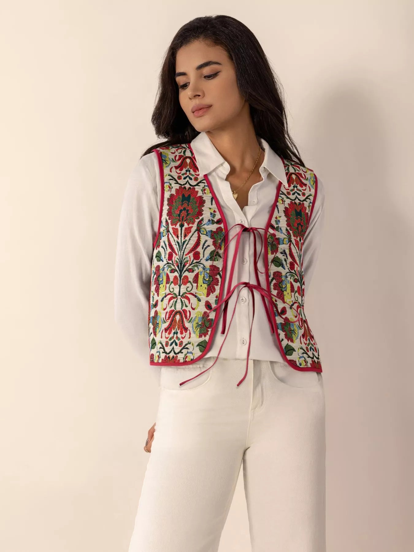 Floral Embroidered Tie-Front Vest Coat OutfitFlow