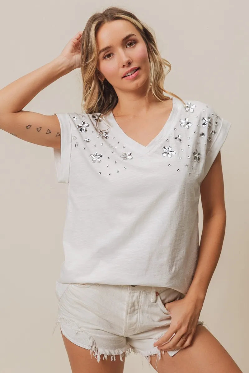 BiBi Slub Jersey Rhinestone V Neck Top OutfitFlow