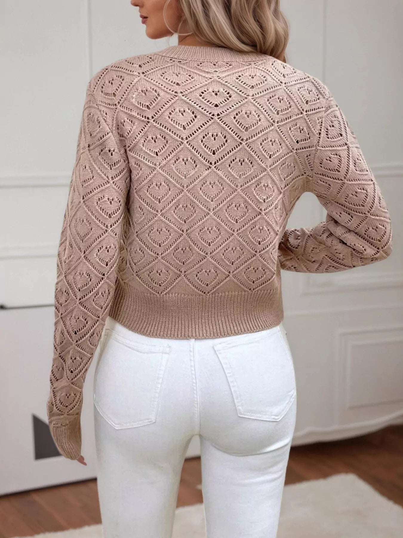 Openwork Button Up Long Sleeve Cardigan OutfitFlow