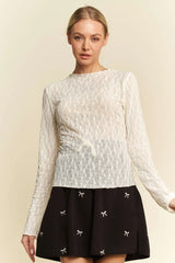 Davi & Dani Long Sleeve Sheer Small Embroidered Bows Lace Top CREAM OutfitFlow