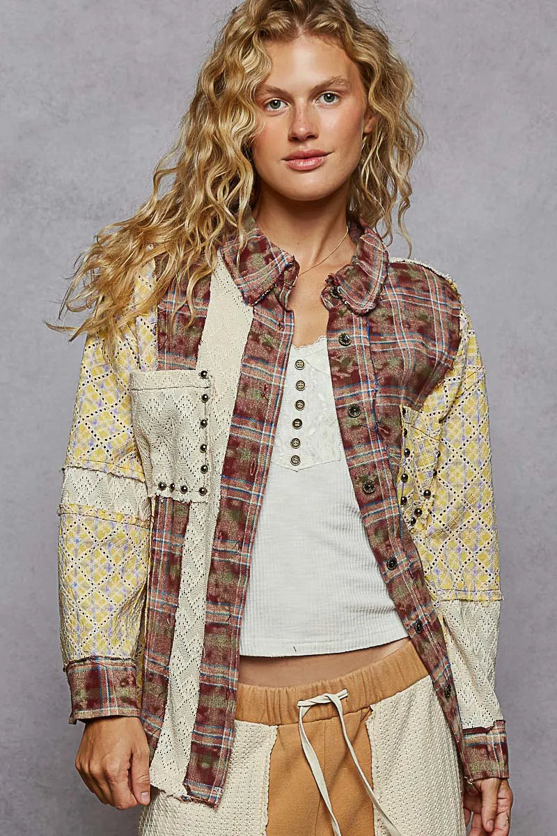POL Studded Contrast Plaid Long Sleeve Shirt Dark Brown OutfitFlow