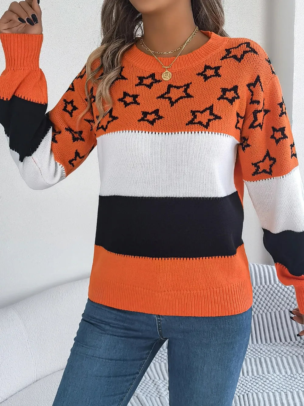 Star Contrast Round Neck Sweater OutfitFlow