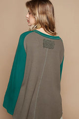 POL Scoop Neck Contrast Long Sleeve Top with Lace Detail Trendsi