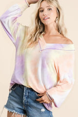 BiBi Tie Dye French Terry V-Neck Top with Puff Sleeves OutfitFlow