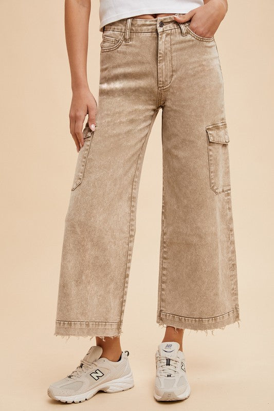 Annie Wear Raw Hem Wide Leg Jeans with Cargo Pockets