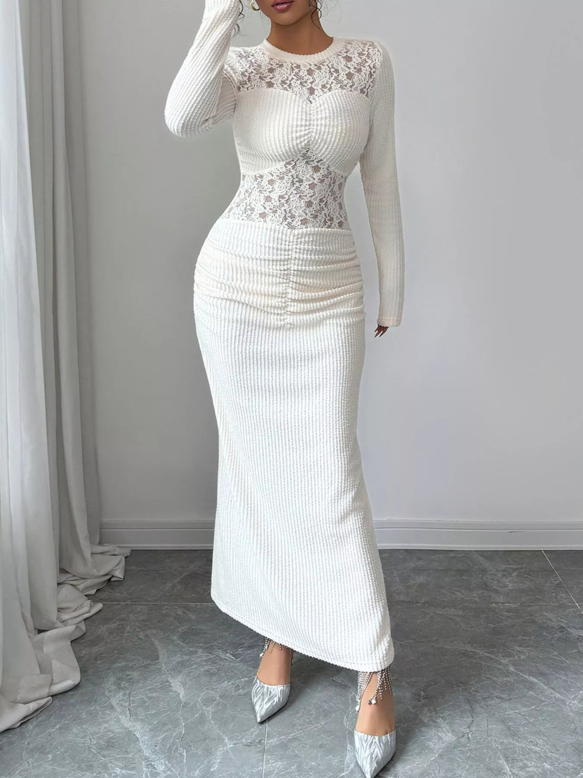 Lace Panel Ruched Bodycon Maxi Dress Apricot Trendsi
