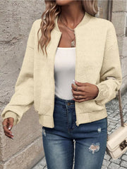 Textured Knit Zip-Up Bomber Jacket OutfitFlow