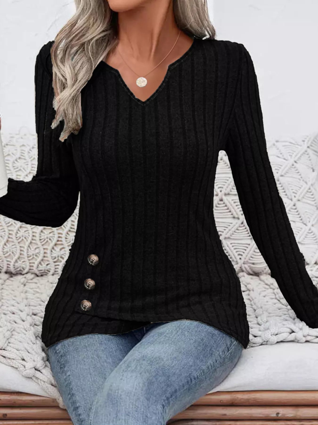 Ribbed Knit Notched Long Sleeve Top OutfitFlow