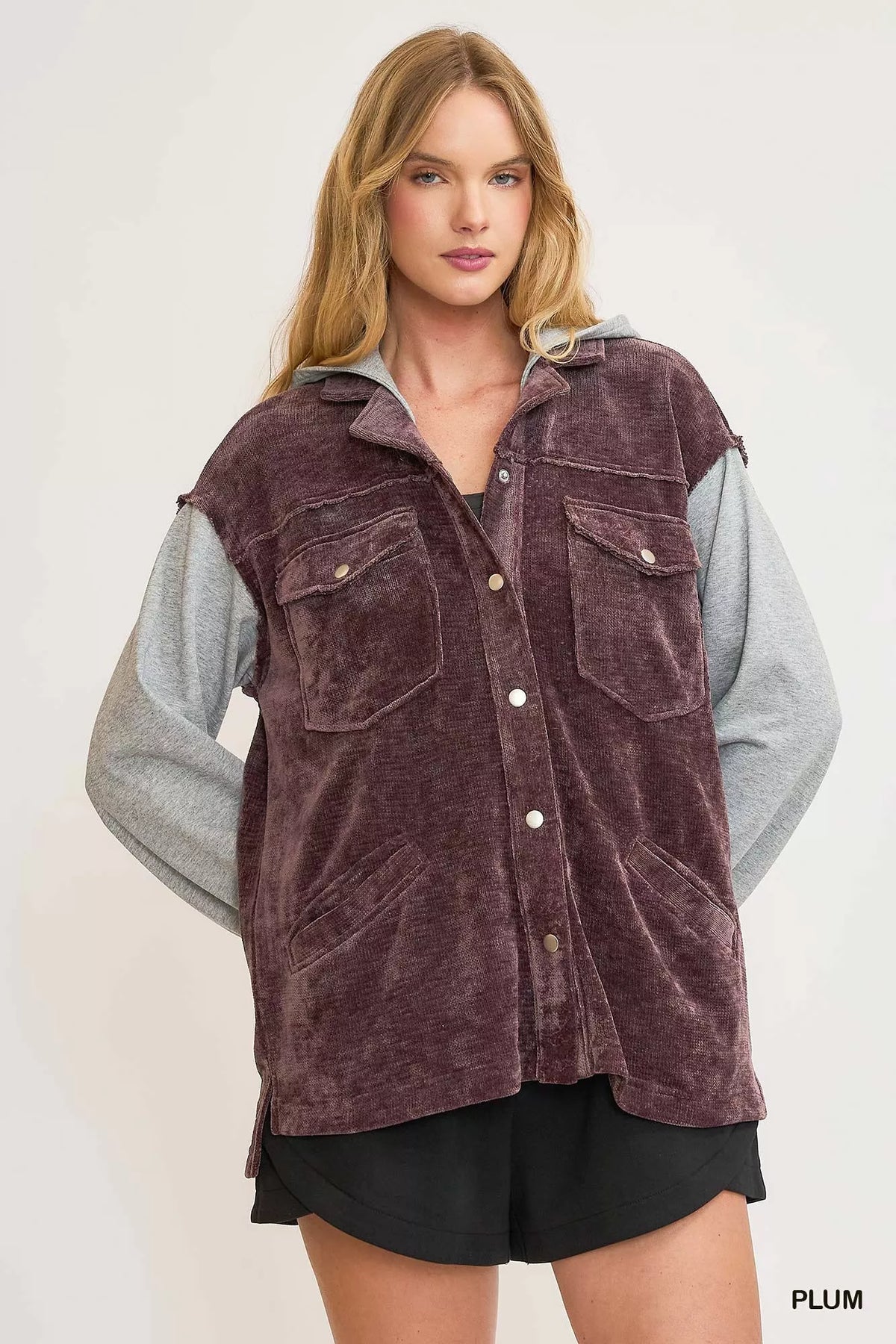 Umgee Contrast Hooded Chenille Jacket PLUM OutfitFlow