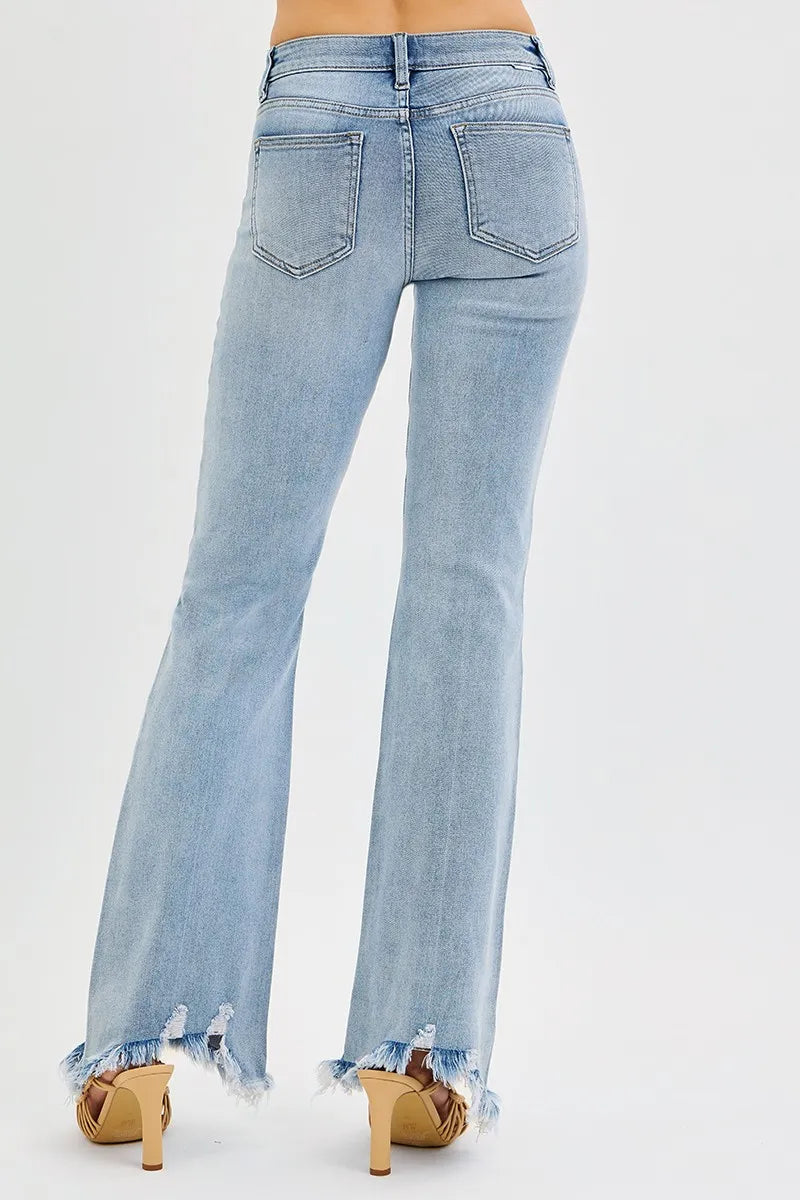 RISEN Full Size Tummy Control Mid Rise Flare Jeans with Fray Hem Detailed Plus Size Trendsi