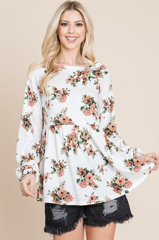 Outfit Flow - Super Lady Full Size Babydoll Floral Boat Neck Long Sleeve Blouse