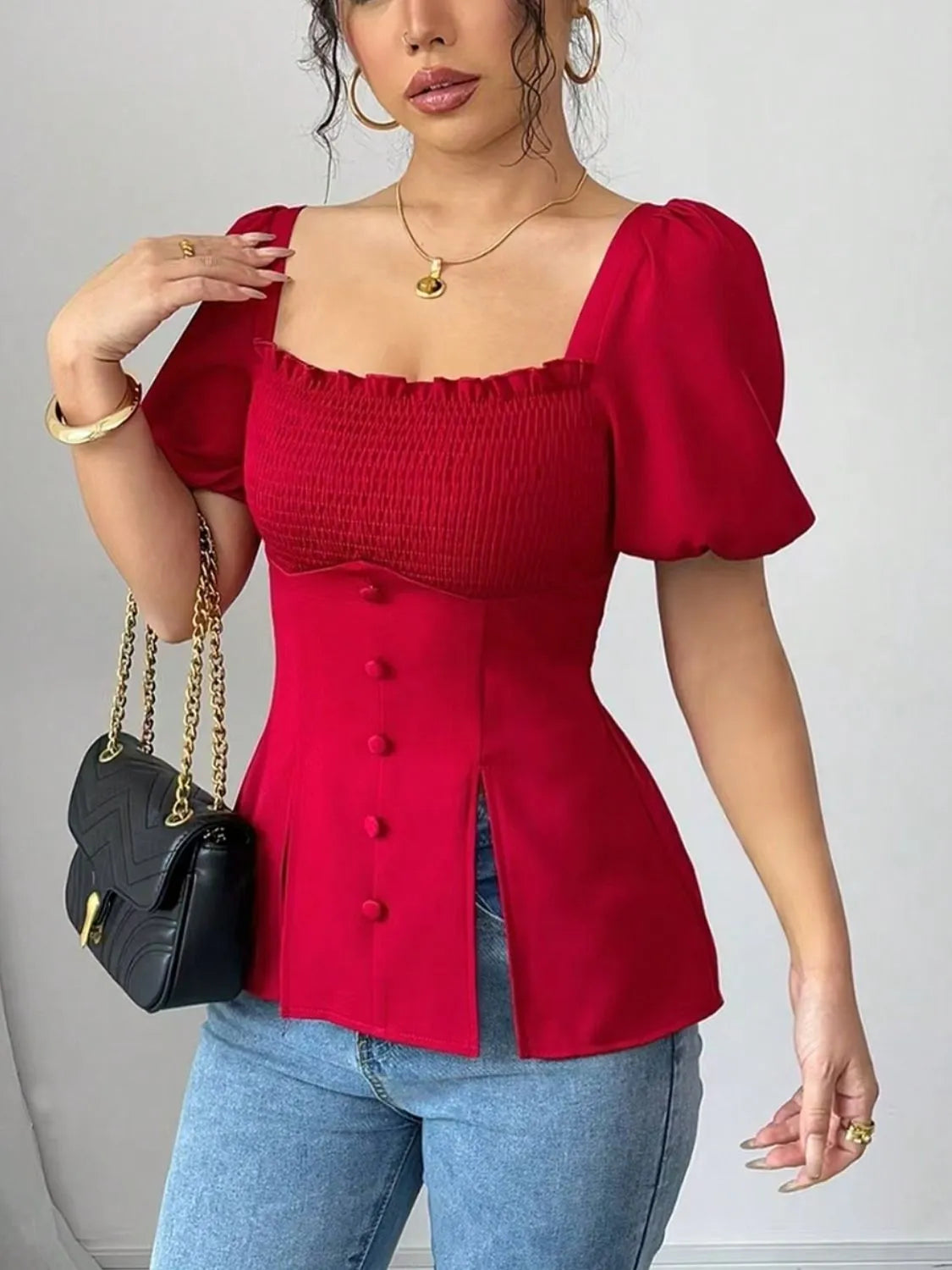 Slit Square Neck Short Sleeve Blouse Scarlet OutfitFlow