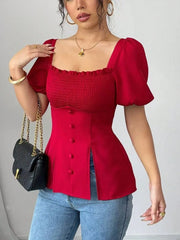 Slit Square Neck Short Sleeve Blouse Scarlet OutfitFlow