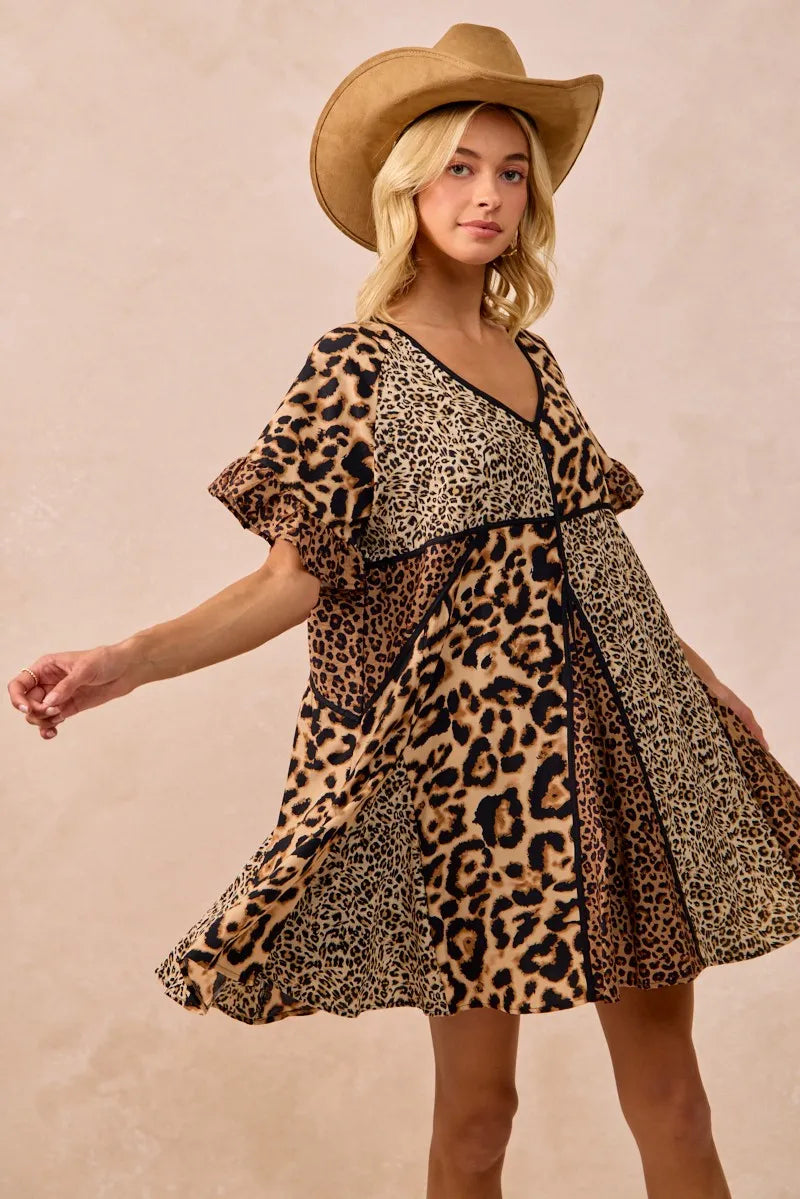 BiBi Leopard Prints Mix and Match Short Sleeves Dress OutfitFlow