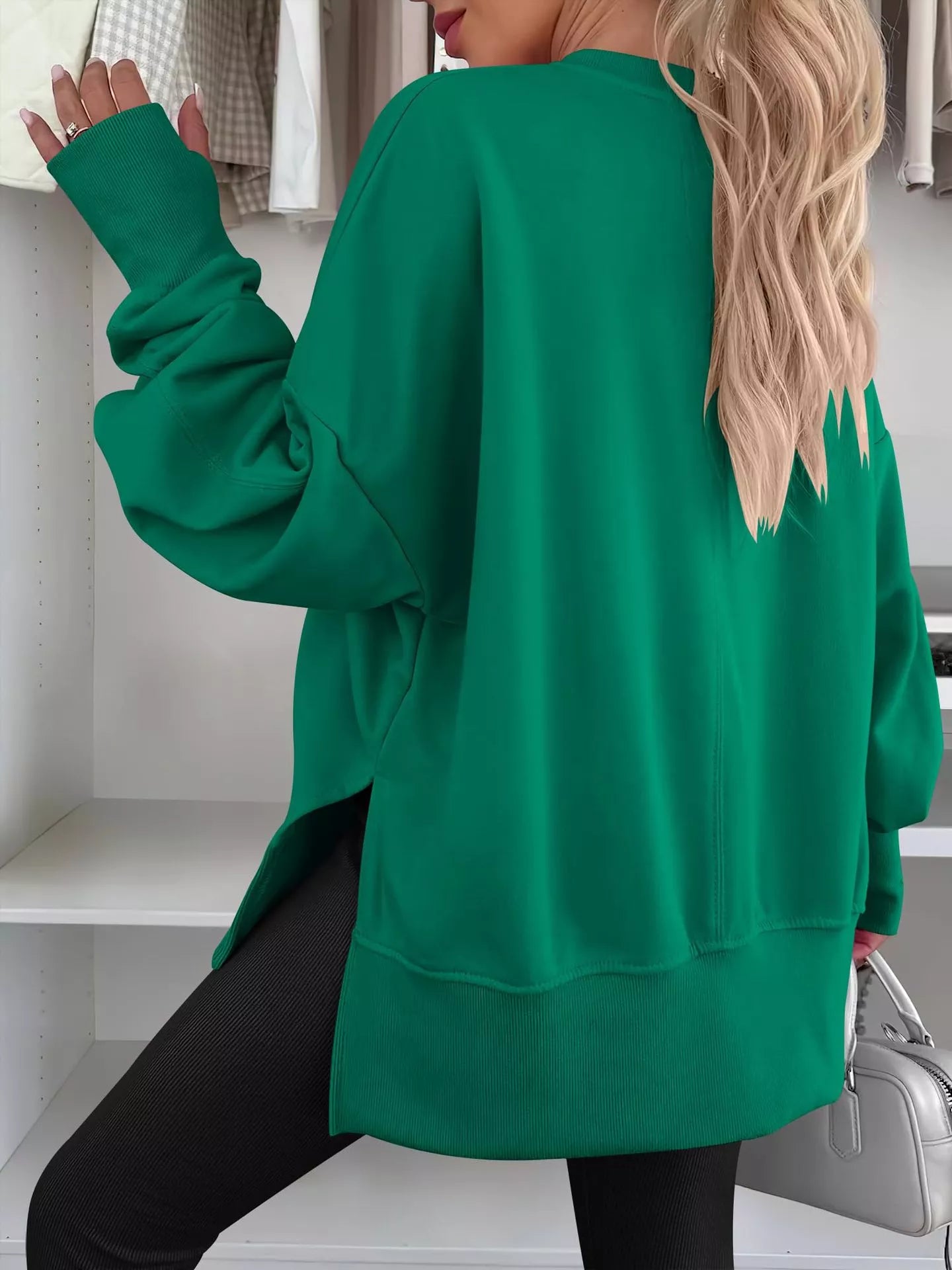 Side Slit Round Neck Long Sleeve Sweatshirt OutfitFlow