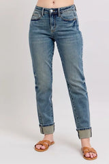 Judy Blue Full Size Mid Rise Vintage Wash Double Roll Cuff Boyfriend Jeans Plus Size OutfitFlow