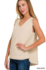 Zenana Double Gauze Raw Edge V-Neck Tank OutfitFlow
