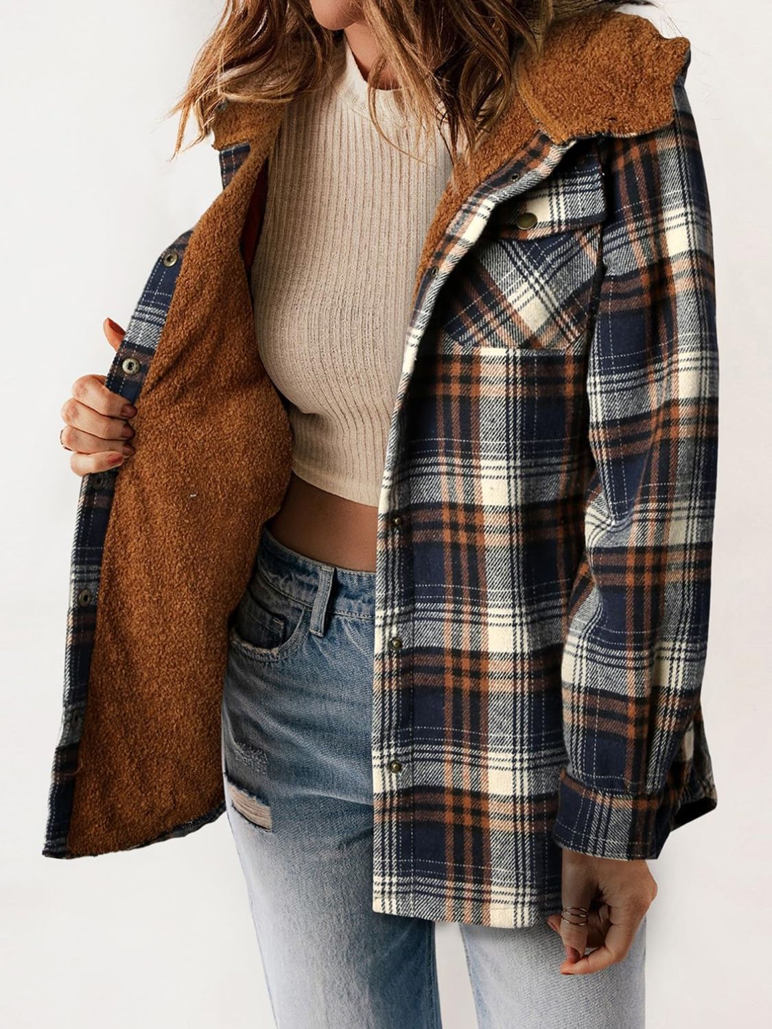 Plaid Snap Down Plush Hooded Jacket