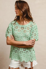 BiBi Openwork Crochet Short Sleeve Knit Top OutfitFlow
