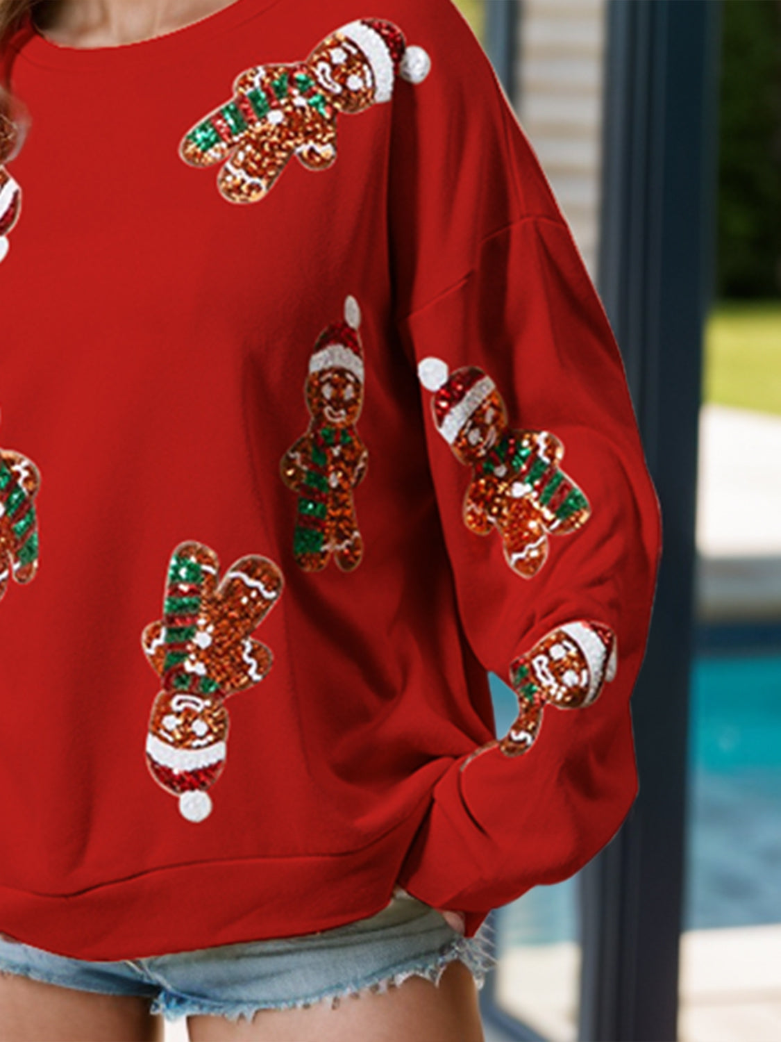 Outfit Flow - Sequin Gingerbread Man Long Sleeve Sweatshirt