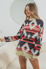 BiBi Aztec Print Mirr Mock Neck Lslv Top RUST COMBO OutfitFlow