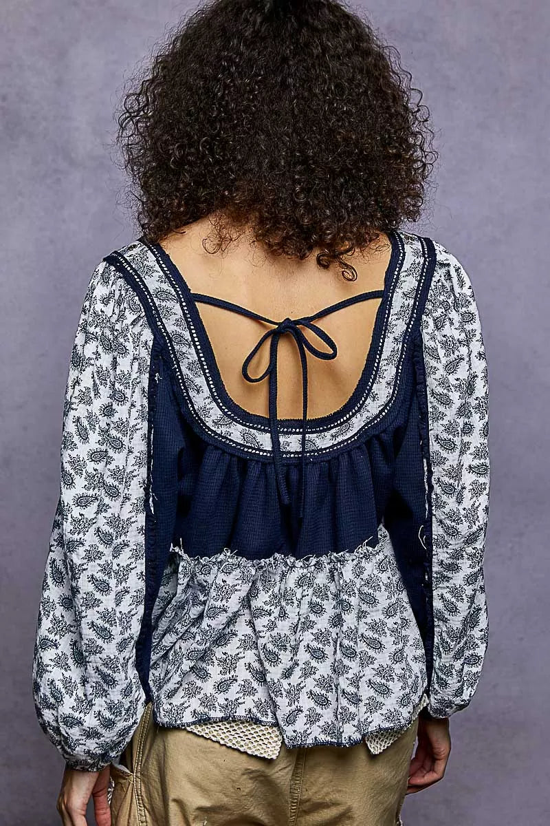 POL Paisley Scoop Neck Balloon Sleeve Cropped Blouse with Stud Detail OutfitFlow