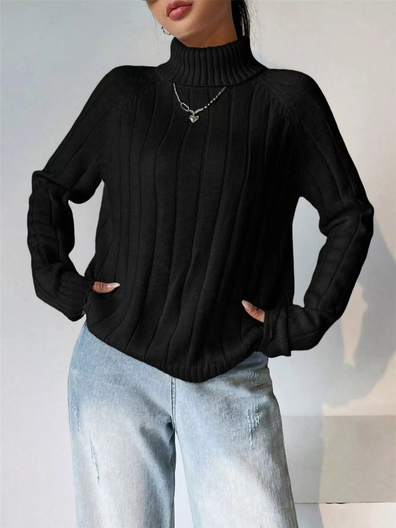 Ribbed Turtleneck Long Sleeve Sweater OutfitFlow